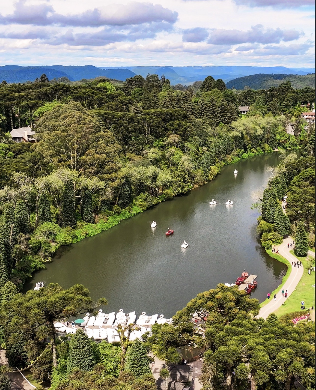 Vista aérea do Lago Negro em Gramado, cercado por araucárias e pedalinhos em forma de cisne
